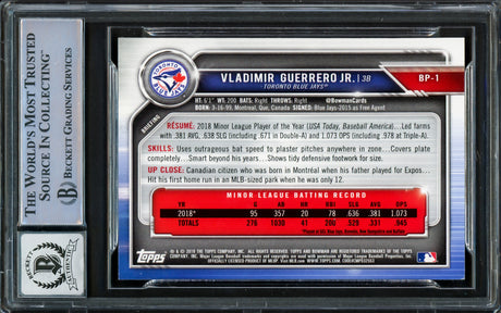 Vladimir Guerrero Jr. Autographed 2019 Bowman Prospects Green Rookie Card #BP1 Toronto Blue Jays Auto Grade Gem Mint 10 Beckett BAS Stock #222857