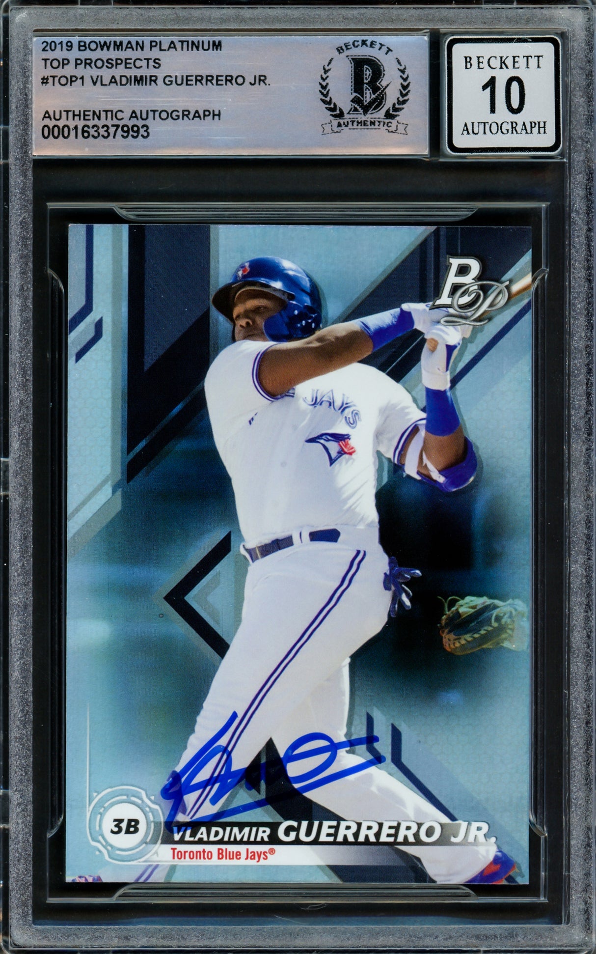 Vladimir Guerrero Jr. Autographed 2019 Bowman Platinum Rookie Card #TOP-1 Toronto Blue Jays Auto Grade Gem Mint 10 Beckett BAS Stock #222859