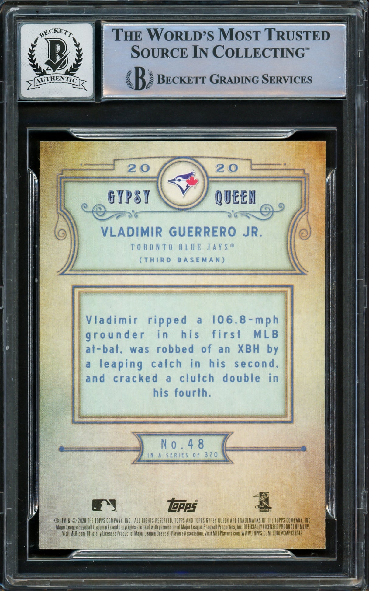Vladimir Guerrero Jr. Autographed 2020 Topps Gypsy Queen Card #48 Toronto Blue Jays Auto Grade Gem Mint 10 Beckett BAS Stock #222865