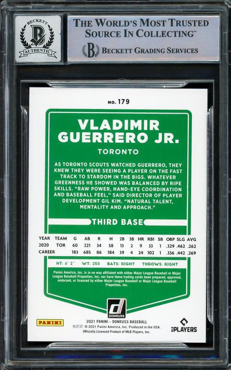 Vladimir Guerrero Jr. Autographed 2021 Donruss Card #179 Toronto Blue Jays Auto Grade Gem Mint 10 Beckett BAS Stock #222866