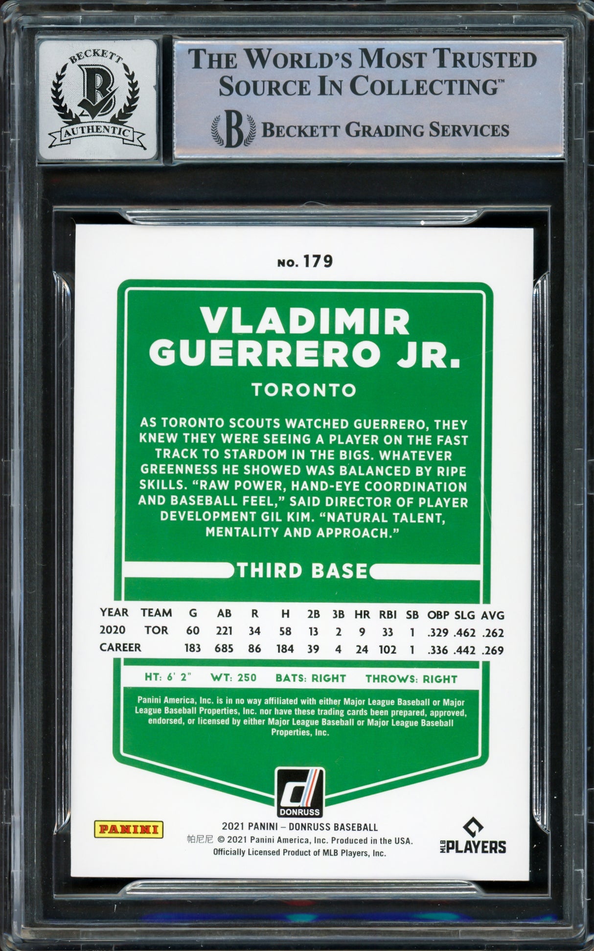 Vladimir Guerrero Jr. Autographed 2021 Donruss Card #179 Toronto Blue Jays Auto Grade Gem Mint 10 Beckett BAS Stock #222866