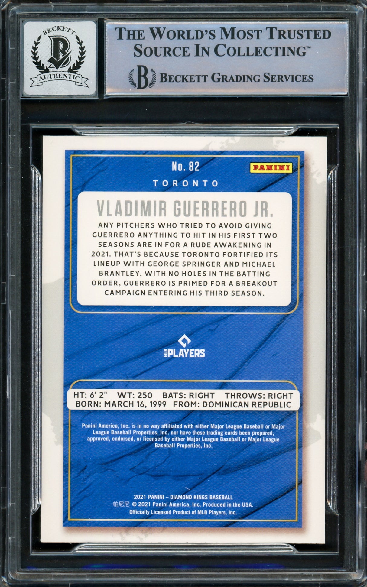 Vladimir Guerrero Jr. Autographed 2021 Donruss Diamond Kings Card #82 Toronto Blue Jays Auto Grade Gem Mint 10 Beckett BAS Stock #222867