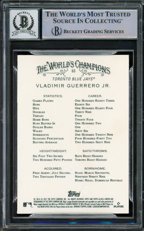 Vladimir Guerrero Jr. Autographed 2021 Topps Allen & Ginter Card #63 Toronto Blue Jays Auto Grade Gem Mint 10 Beckett BAS Stock #222870