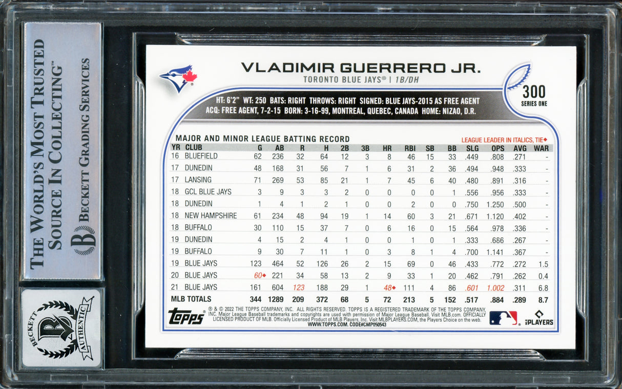 Vladimir Guerrero Jr. Autographed 2022 Topps Card #300 Toronto Blue Jays Auto Grade Gem Mint 10 Beckett BAS Stock #222875