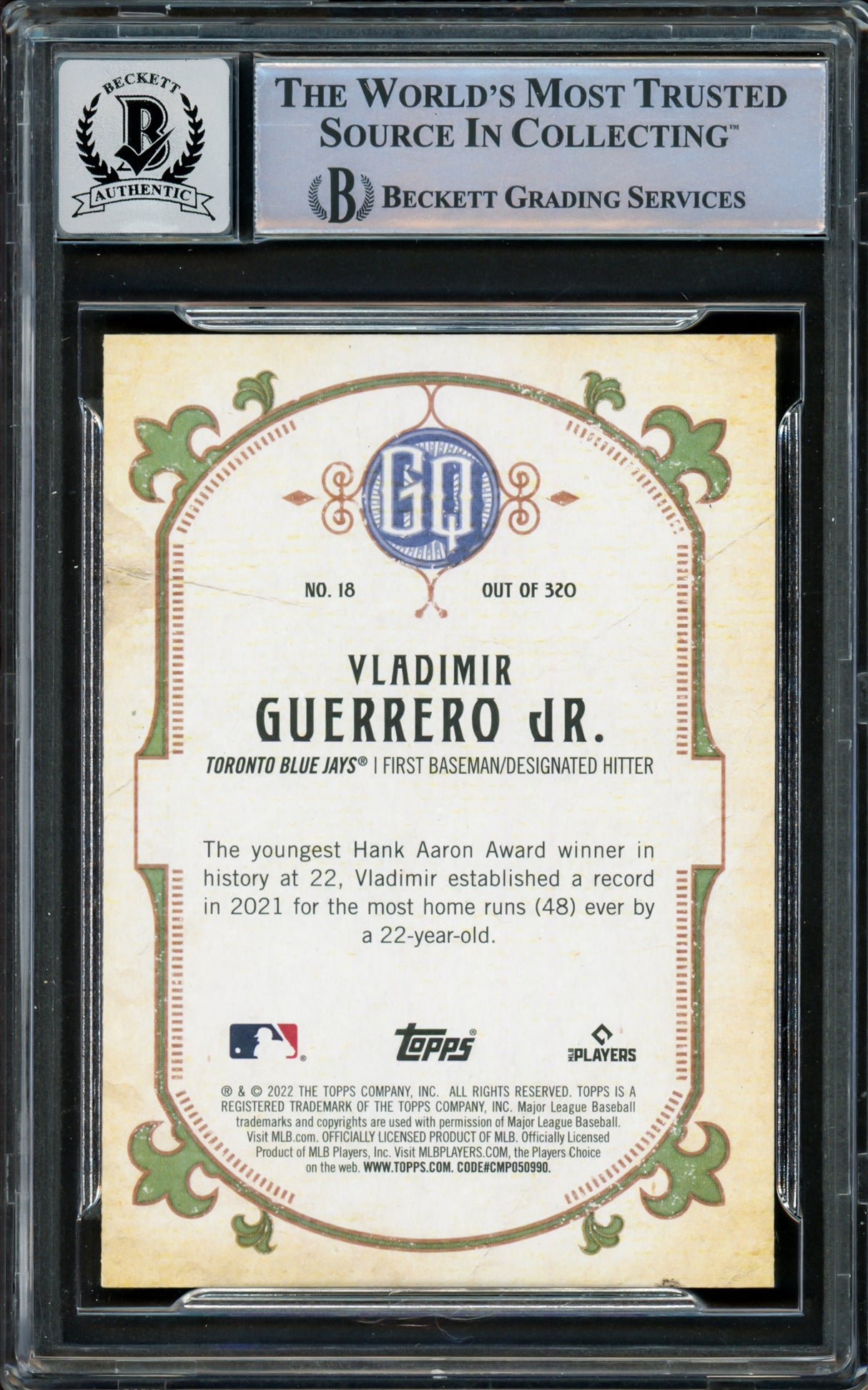 Vladimir Guerrero Jr. Autographed 2022 Topps Gypsy Queen Card #18 Toronto Blue Jays Auto Grade Gem Mint 10 Beckett BAS Stock #222878