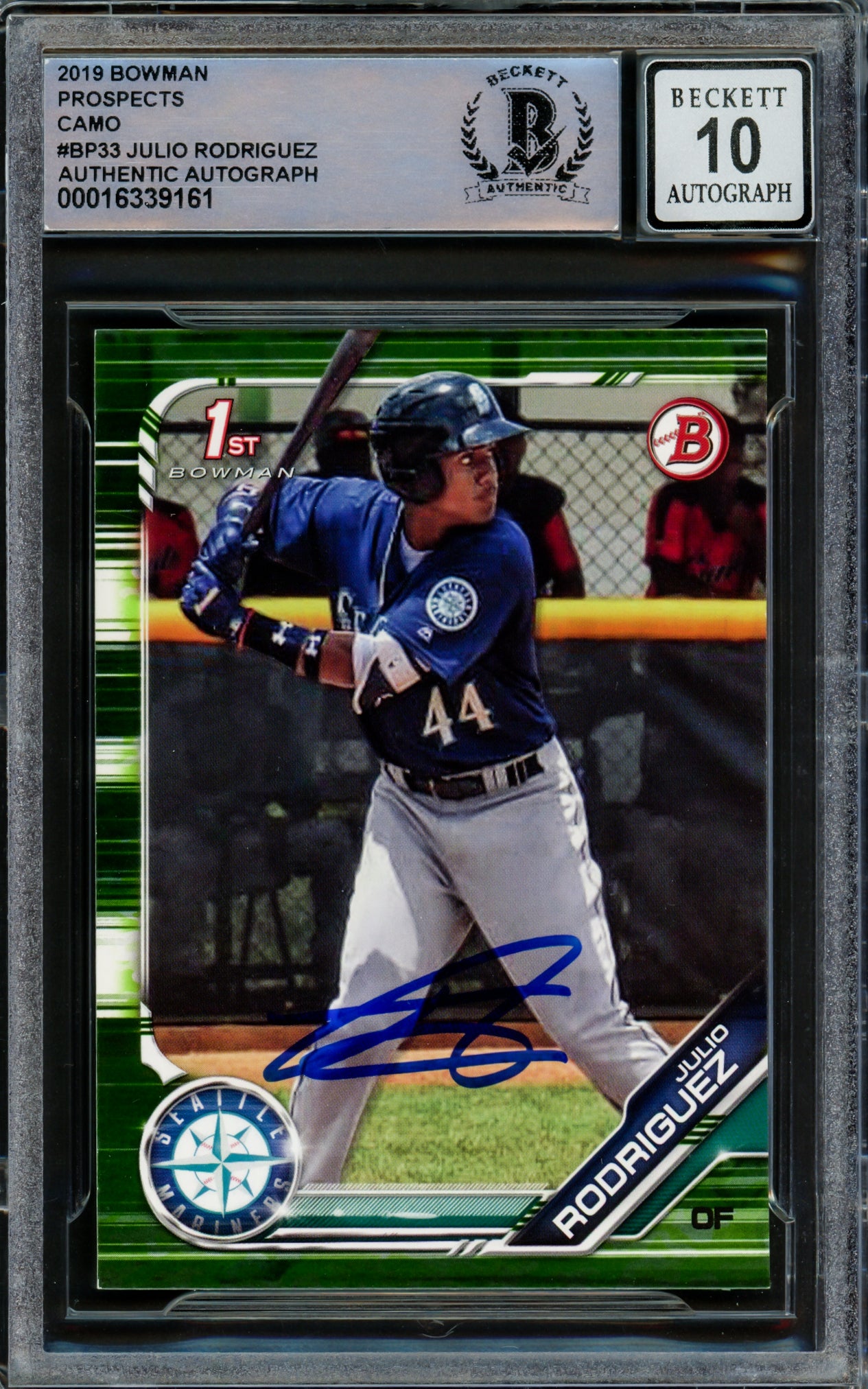 Julio Rodriguez Autographed 2019 Bowman Camo Green Rookie Card #BP33 Seattle Mariners Auto Grade Gem Mint 10 Beckett BAS Stock #222881