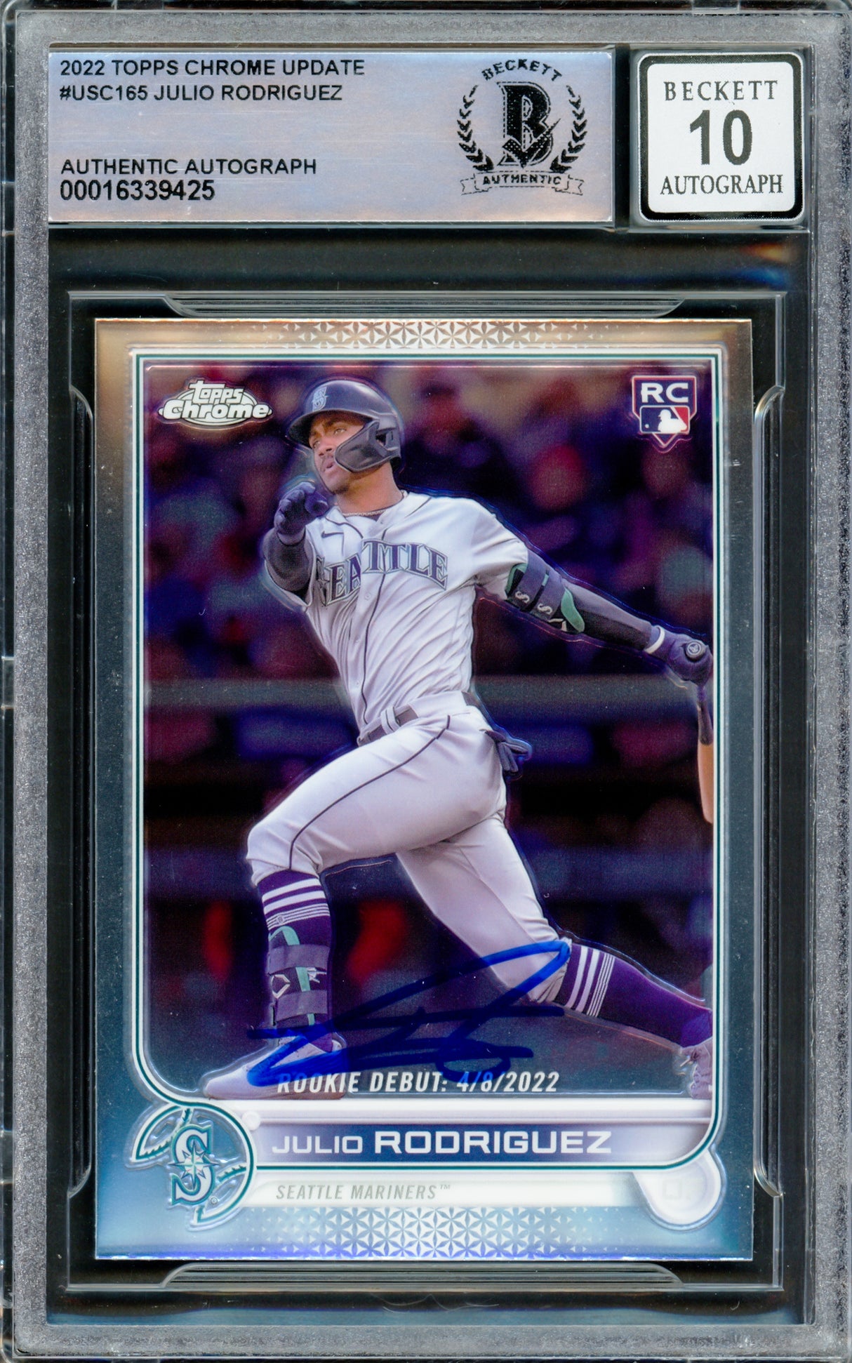 Julio Rodriguez Autographed 2022 Topps Chrome Update Rookie Card #USC165 Seattle Mariners Auto Grade Gem Mint 10 Beckett BAS Stock #222883