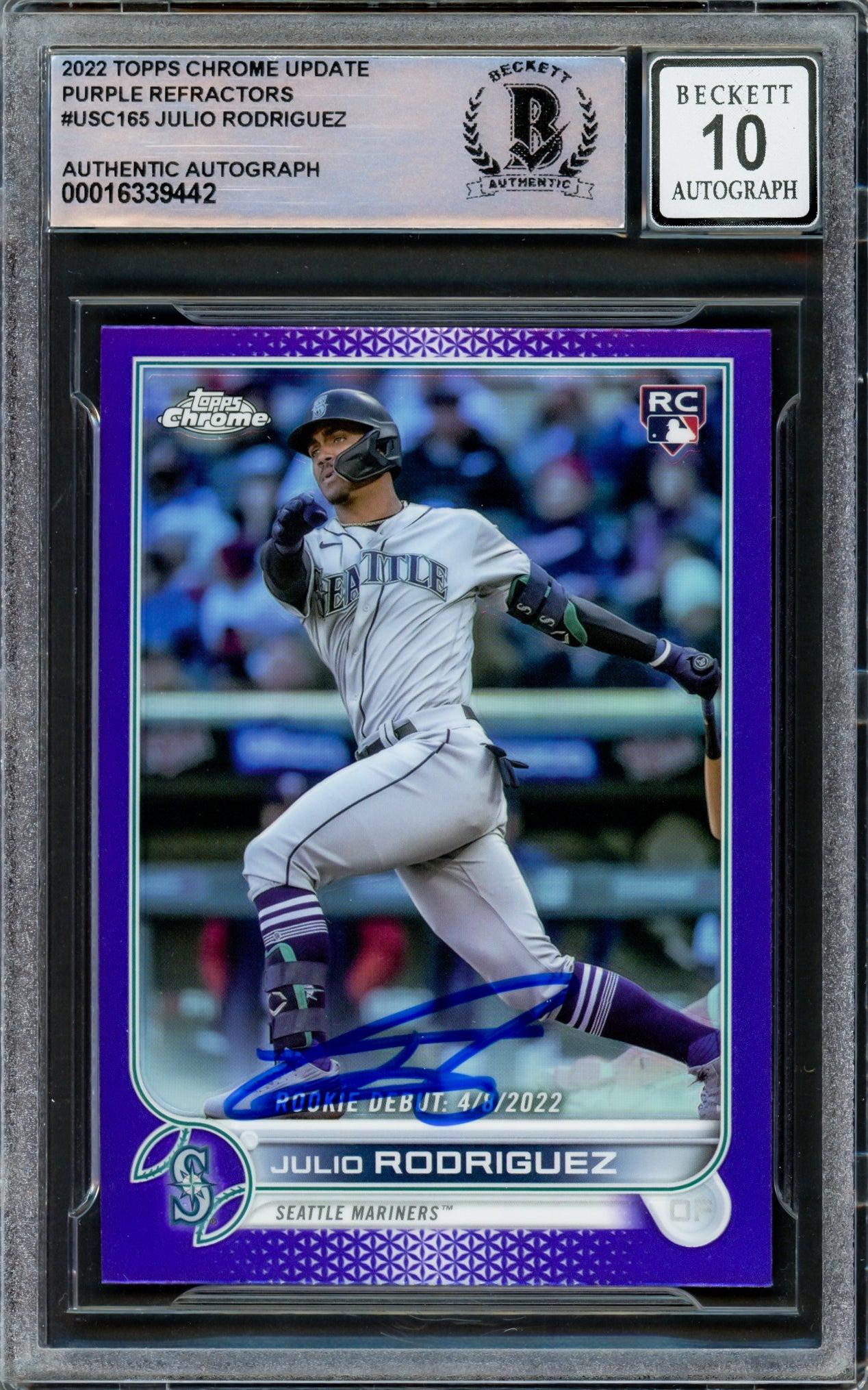 Julio Rodriguez Autographed 2022 Topps Chrome Update Purple Refractor Rookie Card #USC165 Seattle Mariners Auto Grade Gem Mint 10 Beckett BAS Stock #222884