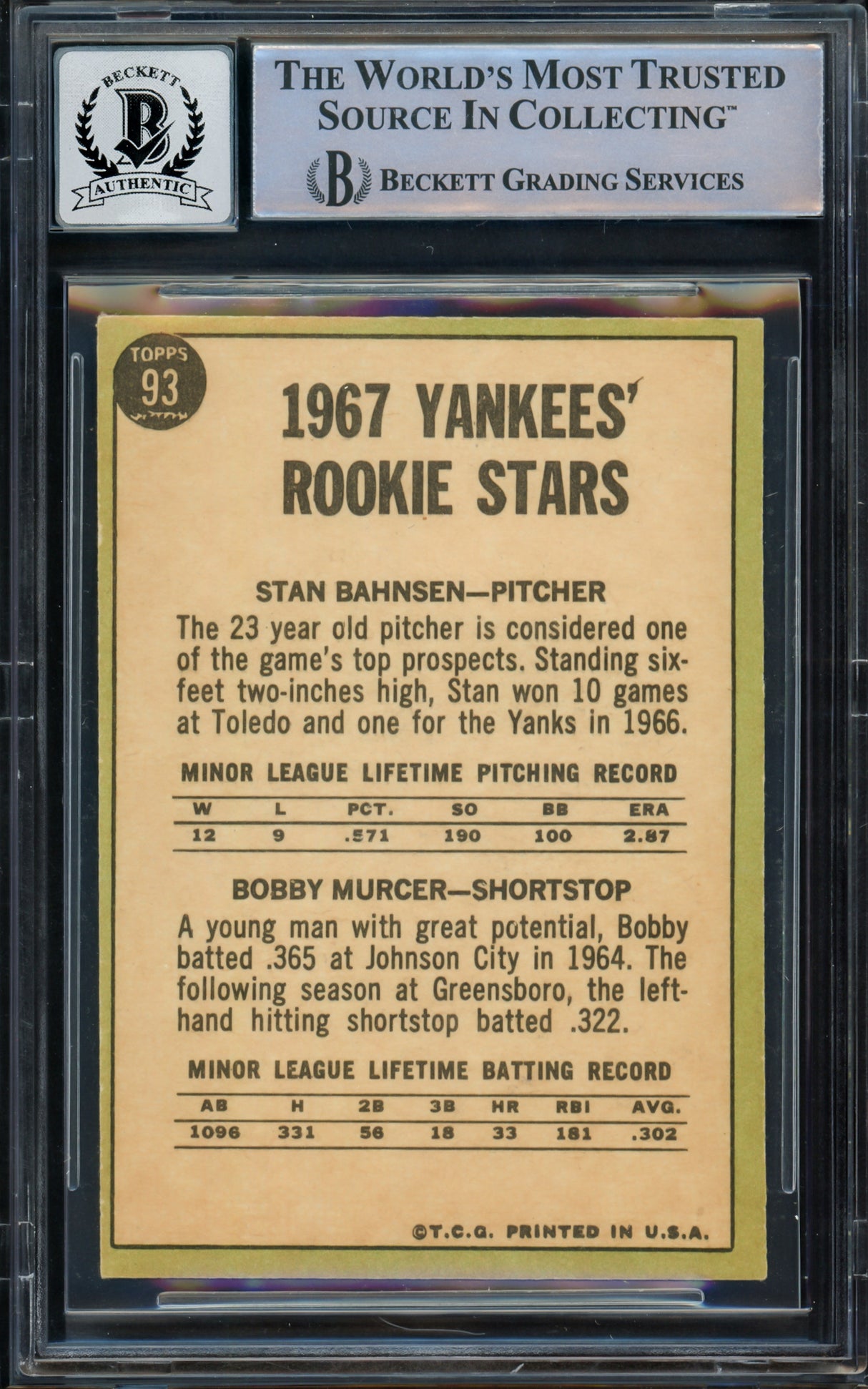 Bobby Murcer & Stan Bahnsen Autographed 1967 Topps Rookie Card #93 New York Yankees Auto Grade Gem Mint 10 Beckett BAS #16167498