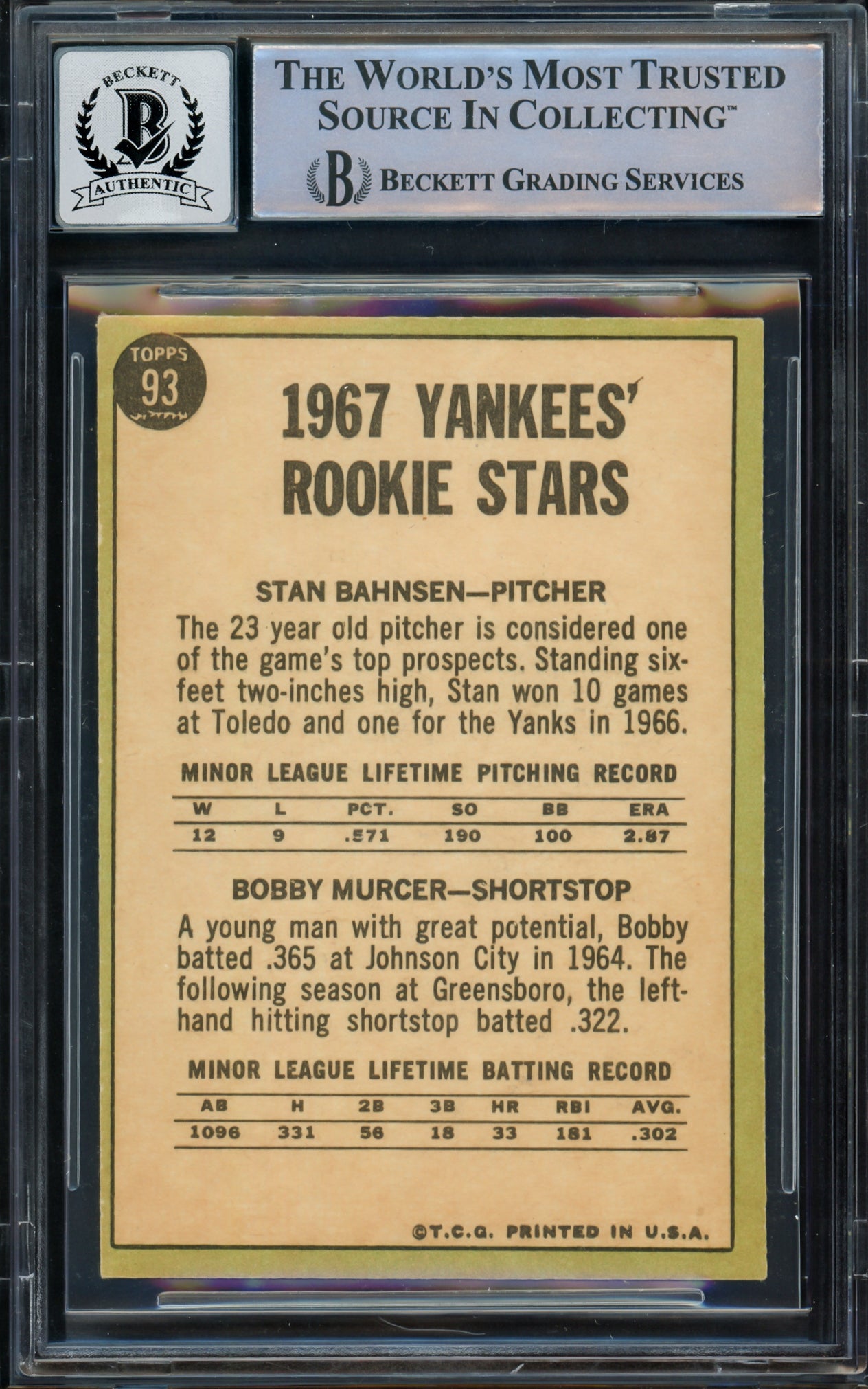Bobby Murcer & Stan Bahnsen Autographed 1967 Topps Rookie Card #93 New York Yankees Auto Grade Gem Mint 10 Beckett BAS #16167498