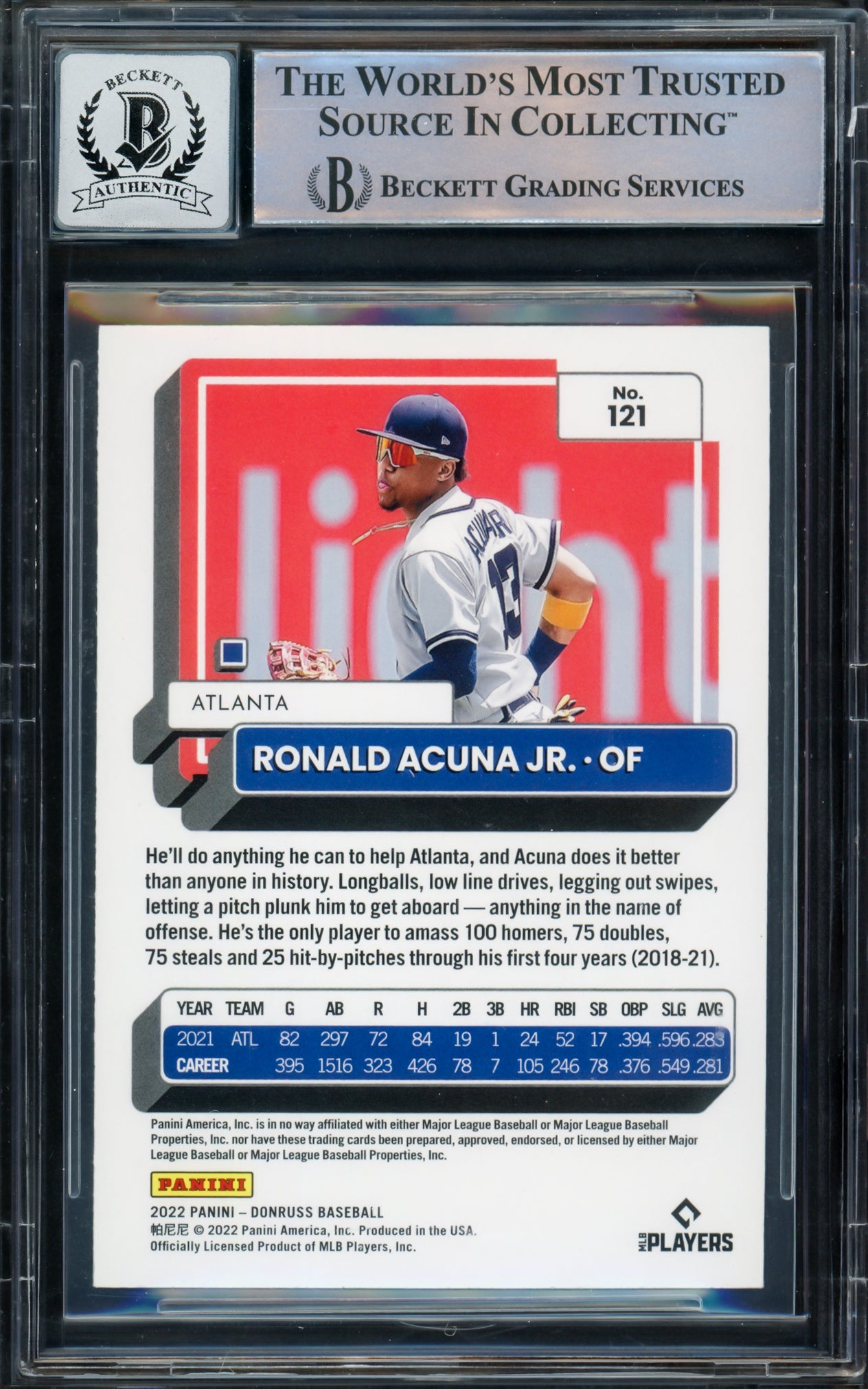 Ronald Acuna Jr. Autographed 2022 Donruss Variation Card #121 Atlanta Braves Auto Grade Gem Mint 10 Beckett BAS #16167616