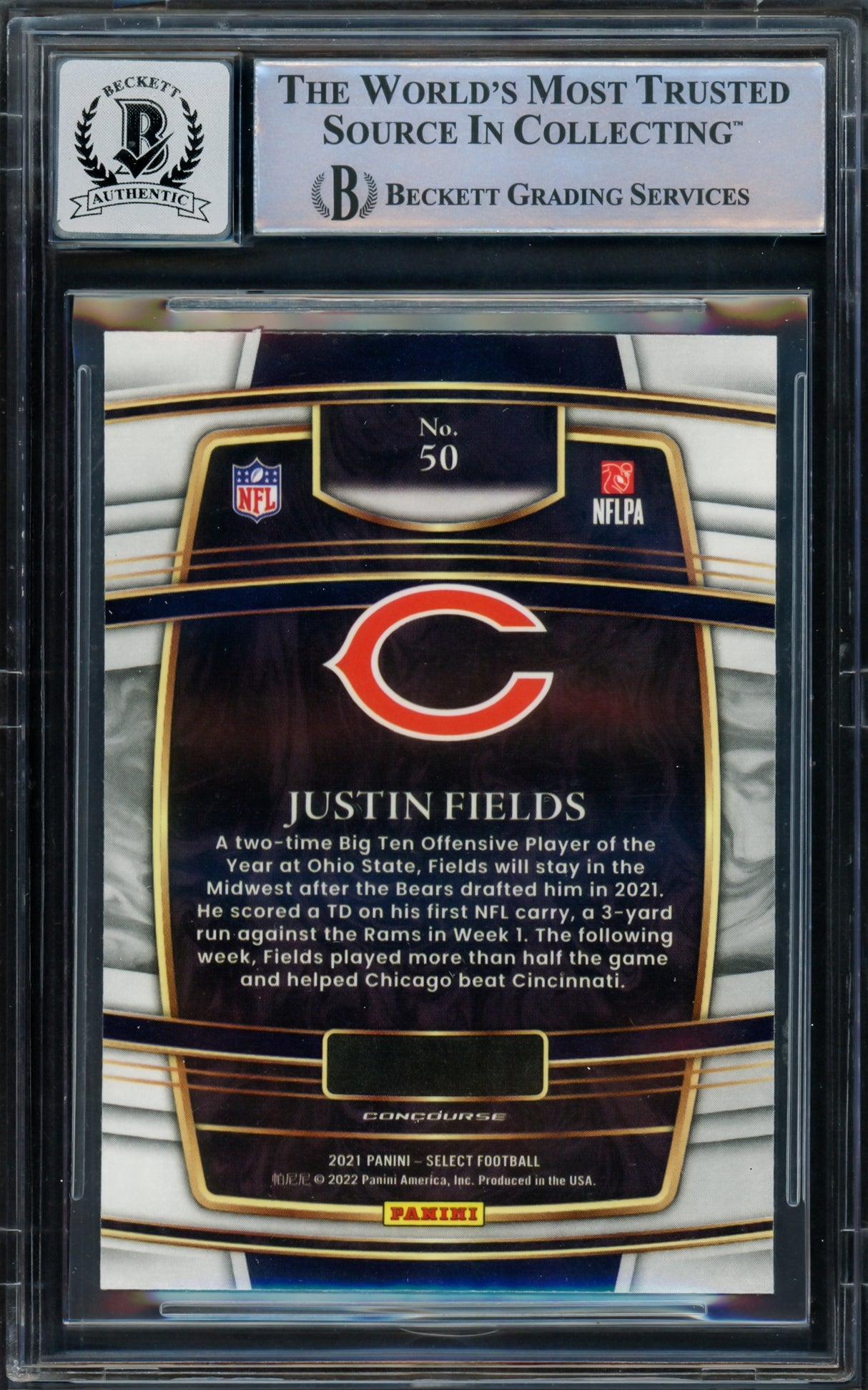 Justin Fields Autographed 2021 Select Rookie Card #50 Chicago Bears Auto Grade Gem Mint 10 Beckett BAS #16168339