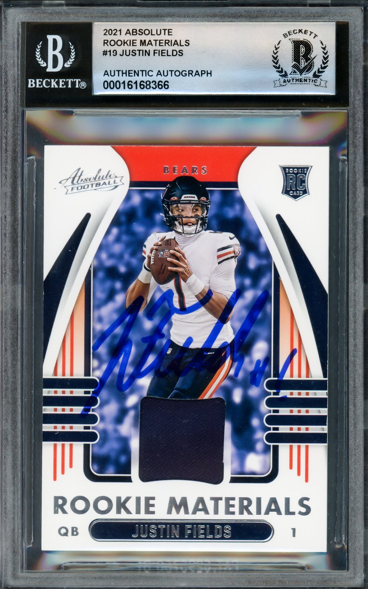 Justin Fields Autographed 2021 Absolute Jersey Patch Rookie Card #ARM-JFI Chicago Bears Auto Grade Gem Mint 10 Beckett BAS #16168366