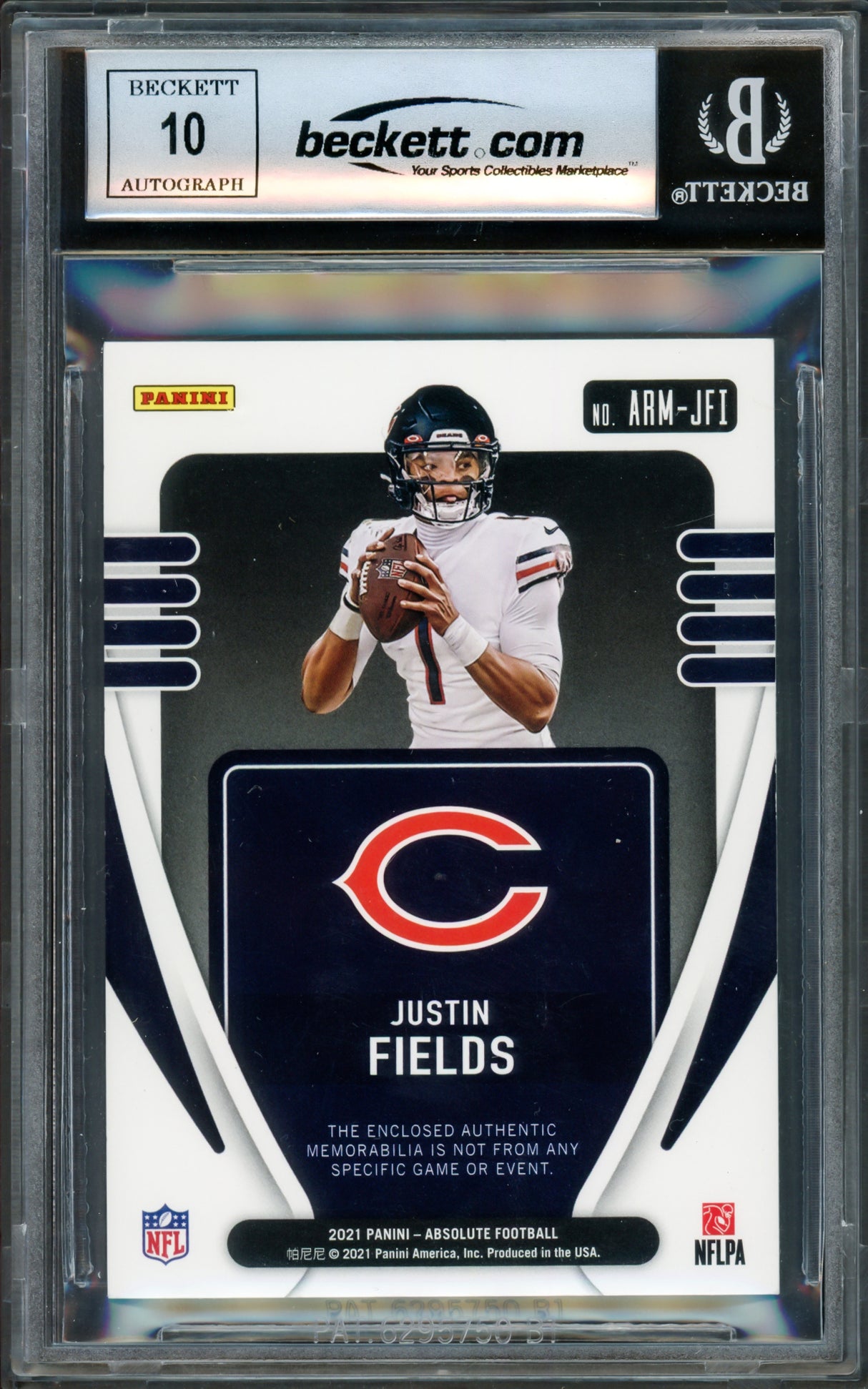 Justin Fields Autographed 2021 Absolute Jersey Patch Rookie Card #ARM-JFI Chicago Bears Auto Grade Gem Mint 10 Beckett BAS #16168366