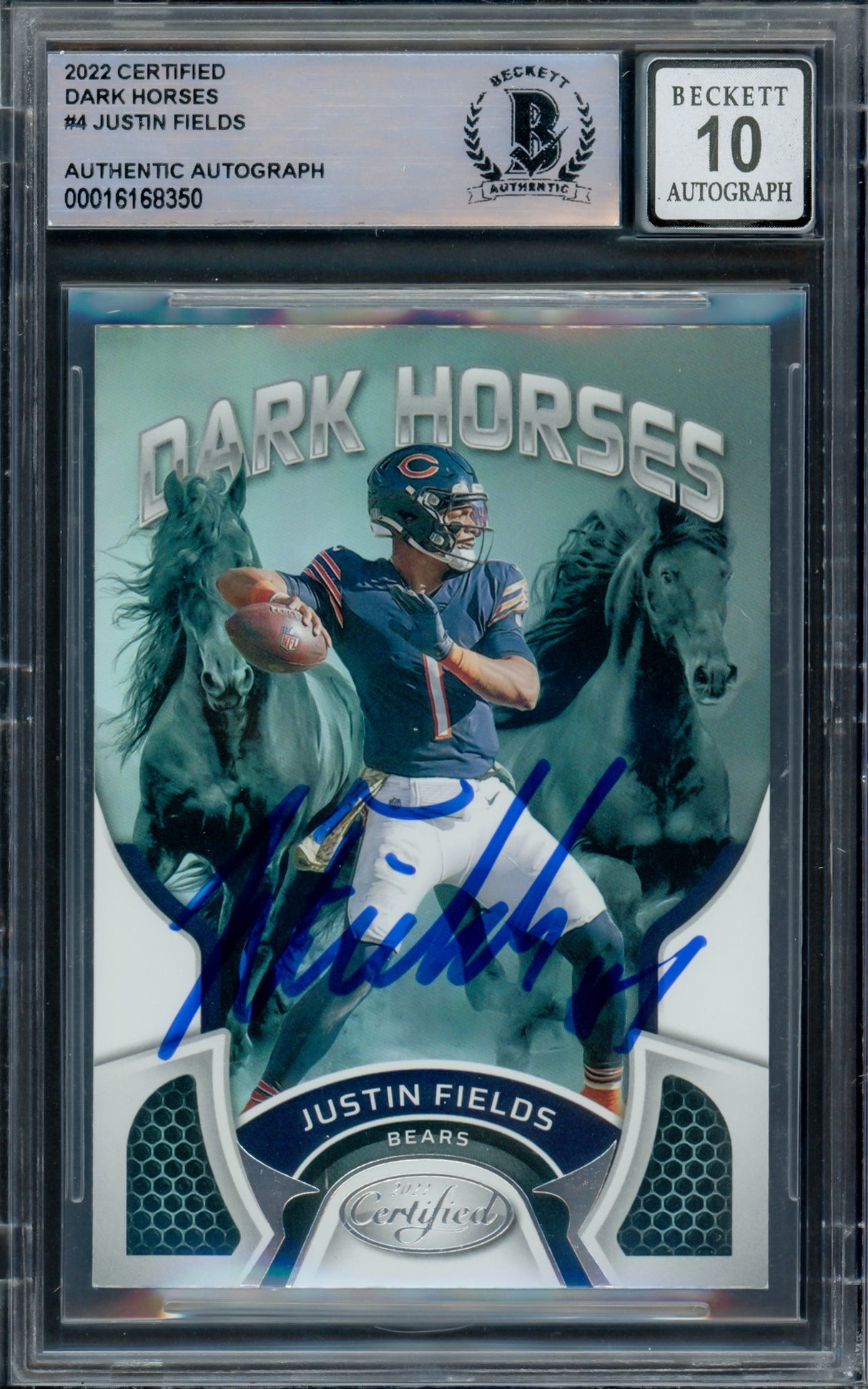 Justin Fields Autographed 2021 Certified Dark Horses Rookie Card #DH-4 Chicago Bears Auto Grade Gem Mint 10 Beckett BAS #16168350