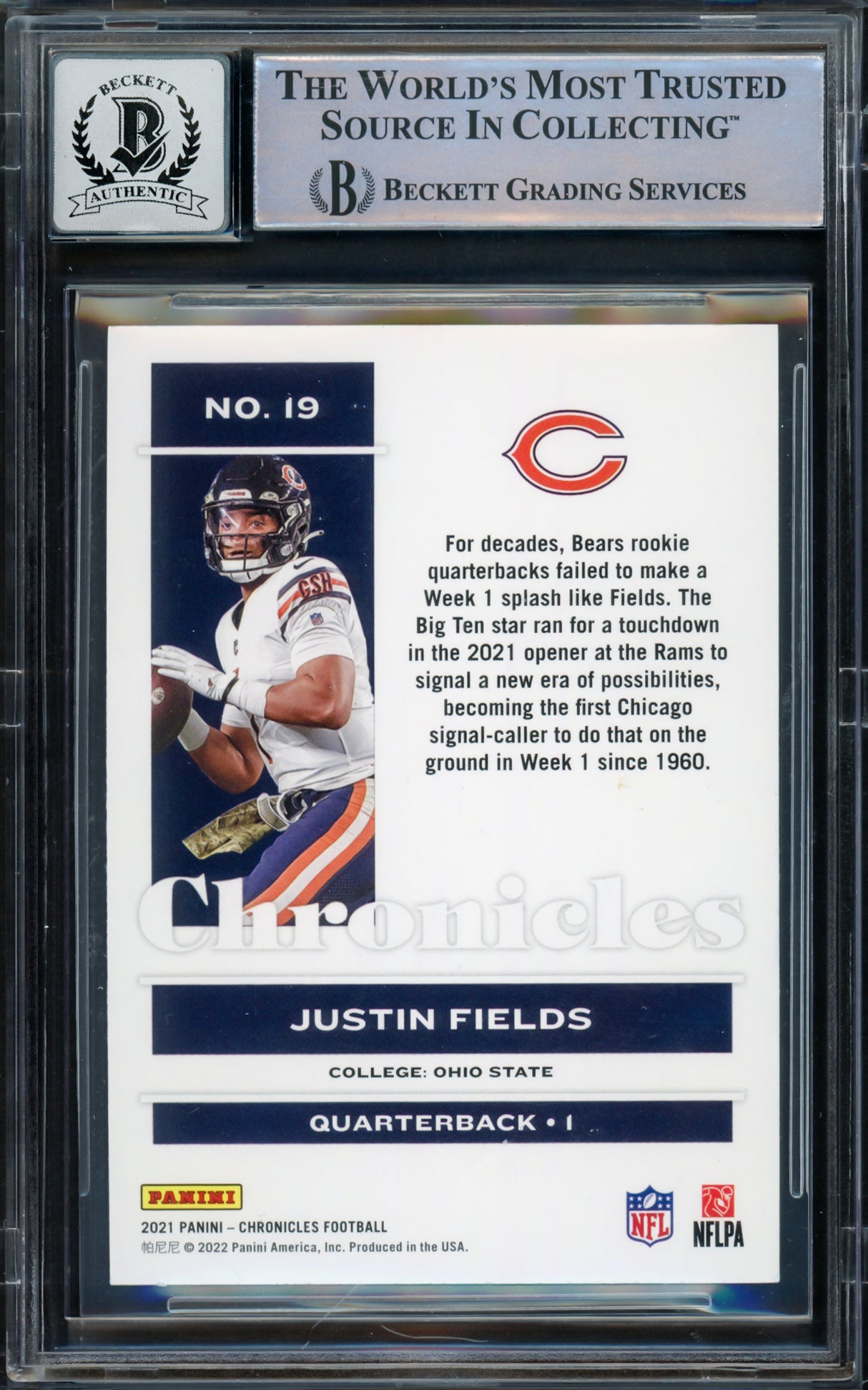 Justin Fields Autographed 2021 Panini Chronicles Rookie Card #19 Chicago Bears Auto Grade Gem Mint 10 Beckett BAS #16168352