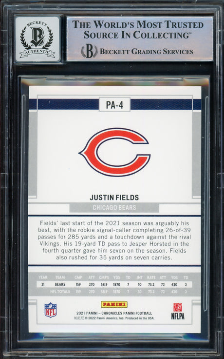 Justin Fields Autographed 2021 Panini Chronicles Rookie Card #PA-4 Chicago Bears Auto Grade Gem Mint 10 Beckett BAS #16168355