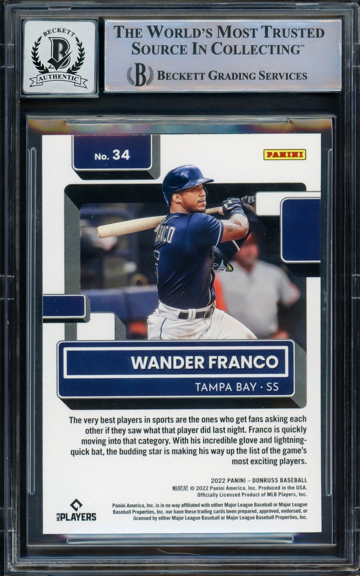 Wander Franco Autographed 2022 Donruss Rated Rookie Card #34 Tampa Bay Rays Auto Grade Gem Mint 10 Beckett BAS #16168429