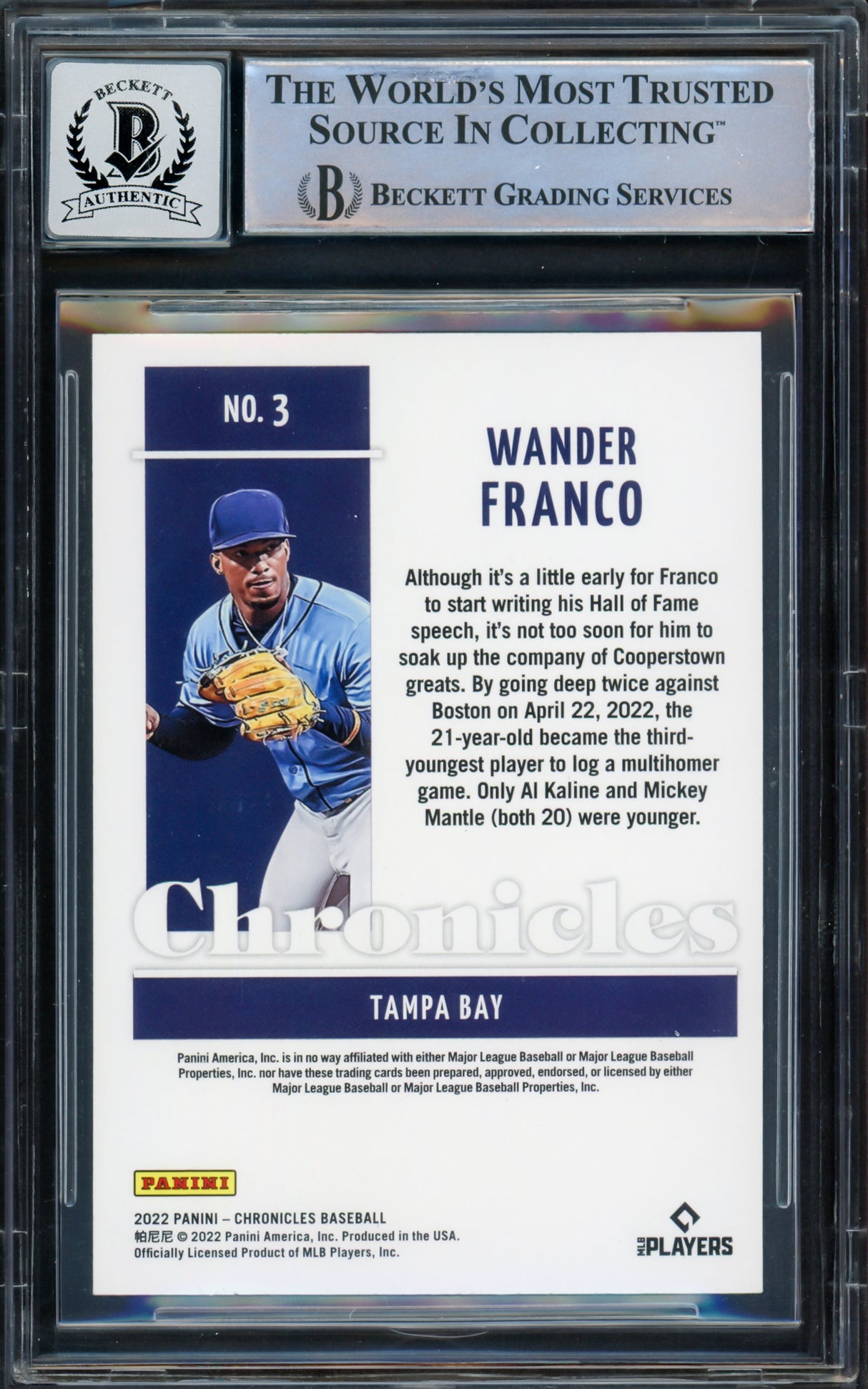 Wander Franco Autographed 2022 Panini Chronicles Rookie Card #3 Tampa Bay Rays Auto Grade Gem Mint 10 Beckett BAS #16168431