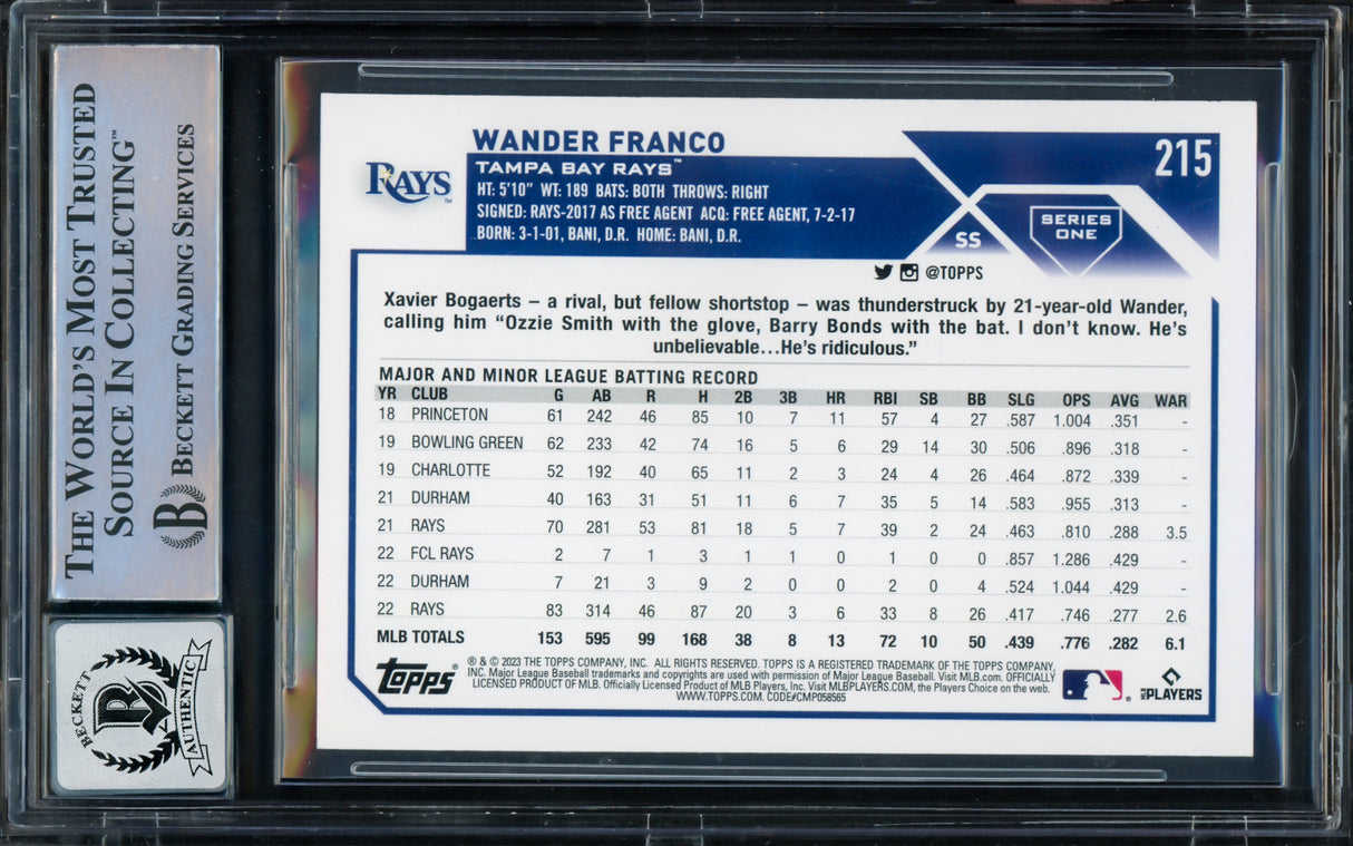 Wander Franco Autographed 2023 Topps Card #215 Tampa Bay Rays Auto Grade Gem Mint 10 Beckett BAS #16168496