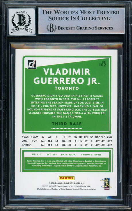 Vladmir Guerrero Jr. Autographed 2020 Donruss Variations Card #102 Toronto Blue Jays Auto Grade Gem Mint 10 Fielding Beckett BAS #16168685