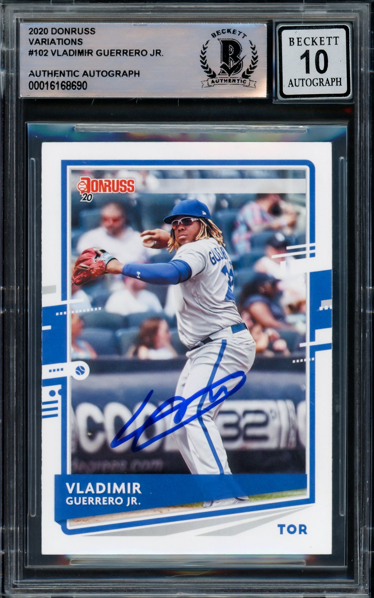 Vladmir Guerrero Jr. Autographed 2020 Donruss Card #102 Toronto Blue Jays Auto Grade Gem Mint 10 Batting Beckett BAS #16168690