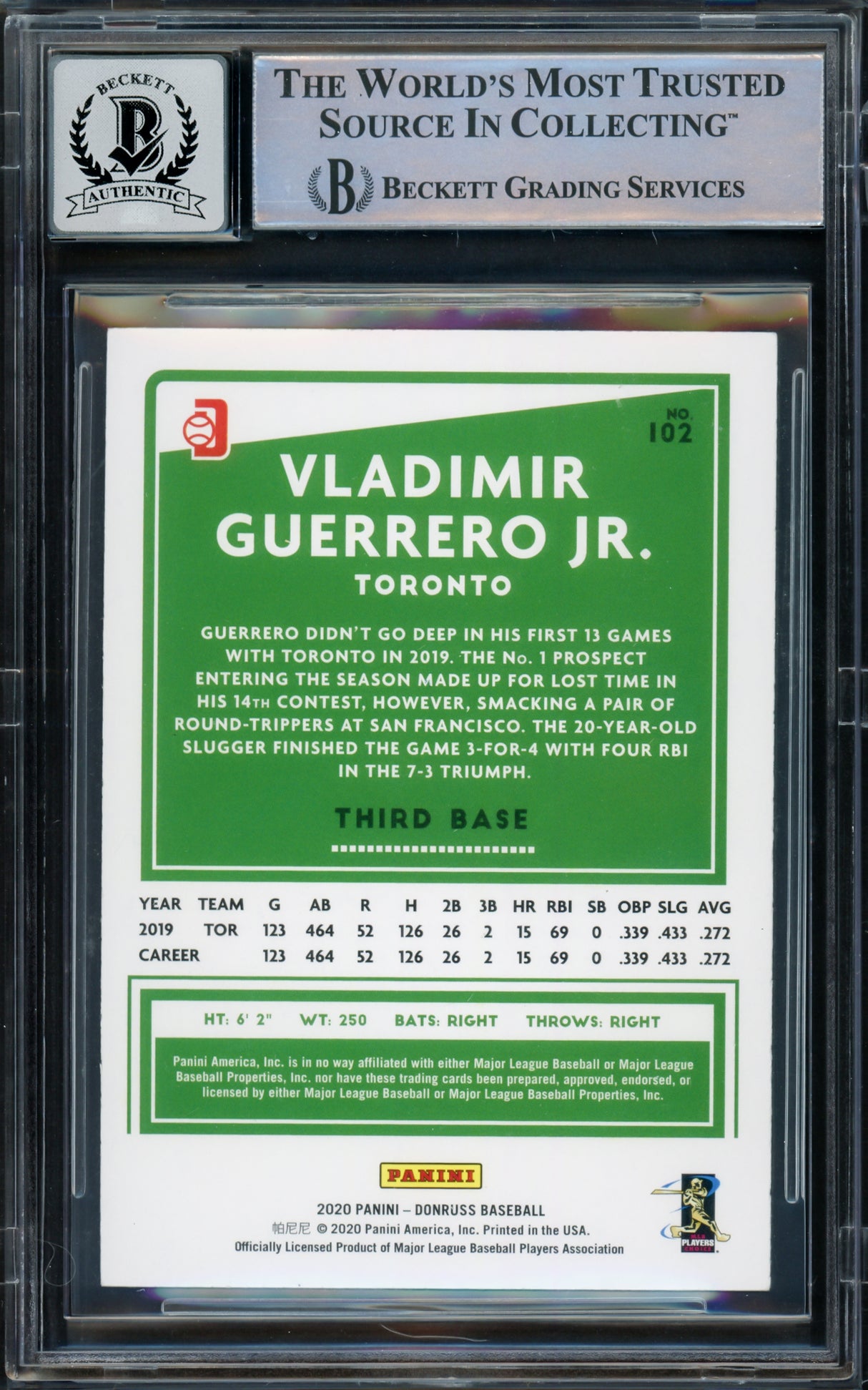 Vladmir Guerrero Jr. Autographed 2020 Donruss Card #102 Toronto Blue Jays Auto Grade Gem Mint 10 Batting Beckett BAS #16168690