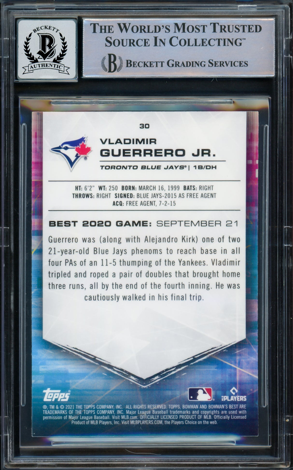 Vladimir Guerrero Jr. Autographed 2021 Bowman's Best Card #30 Toronto Blue Jays Auto Grade Gem Mint 10 Beckett BAS #16168735