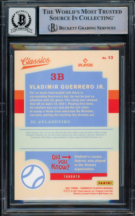 Vladimir Guerrero Jr. Autographed 2021 Panini Classics Card #13 Toronto Blue Jays Auto Grade Gem Mint 10 Beckett BAS #16168740