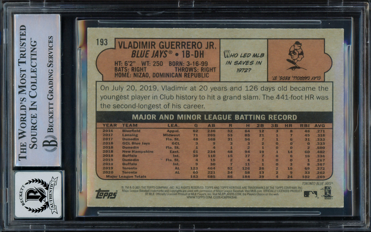 Vladimir Guerrero Jr. Autographed 2021 Topps Heritage Card #193 Toronto Blue Jays Auto Grade Gem Mint 10 Beckett BAS #16168944
