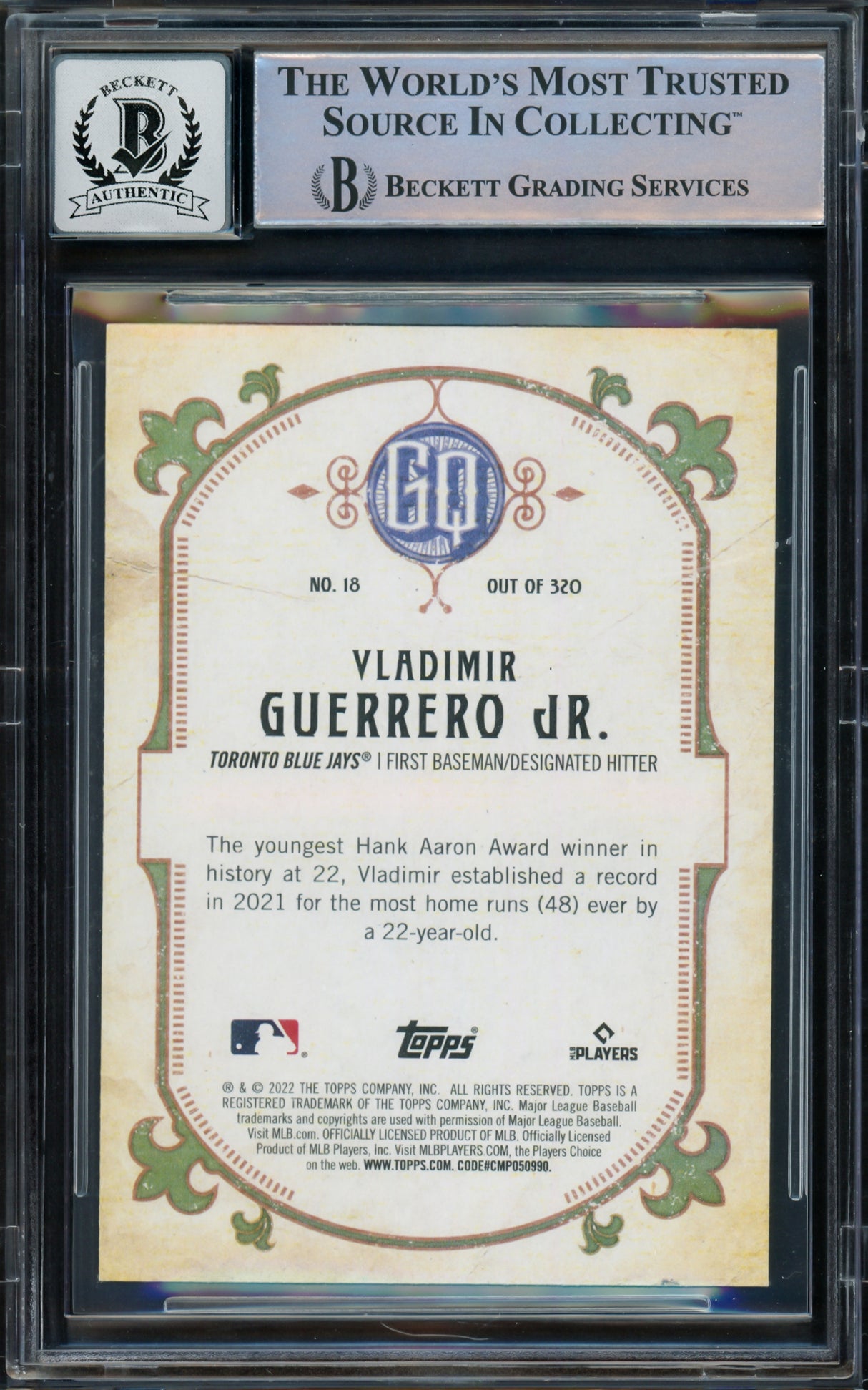 Vladimir Guerrero Jr. Autographed 2022 Topps Gypsy Queen Card #18 Toronto Blue Jays Auto Grade Gem Mint 10 Beckett BAS #16168980
