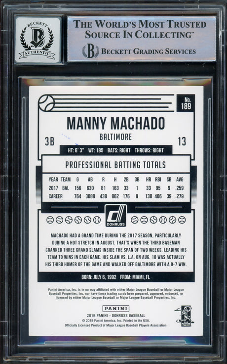 Manny Machado Autographed 2018 Donruss Card #189 Baltimore Orioles Auto Grade Gem Mint 10 Fielding Beckett BAS #16169712