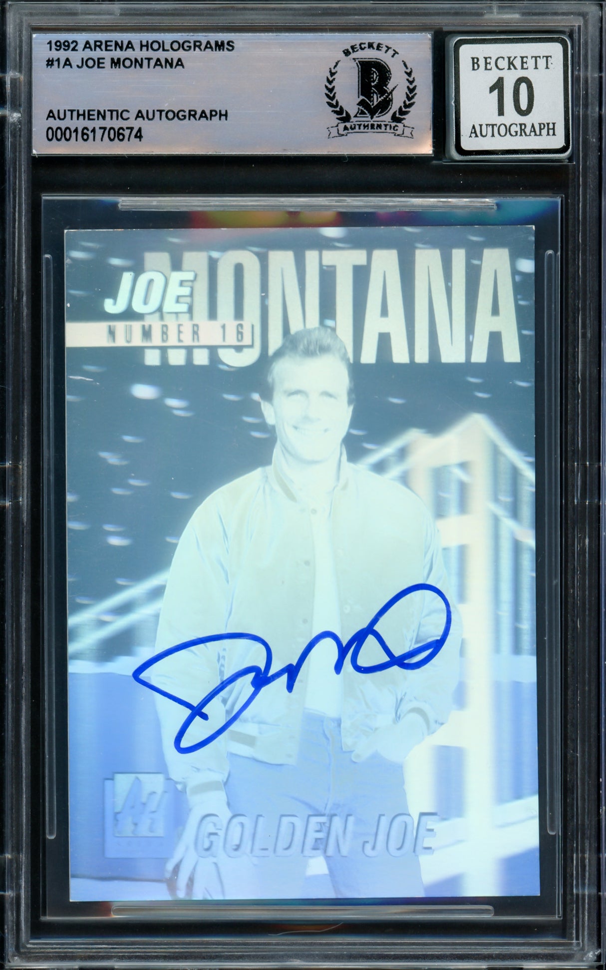 Joe Montana Autographed 1992 Arena Hologram Card #1A San Francisco 49ers Auto Grade Gem Mint 10 Beckett BAS #16170674