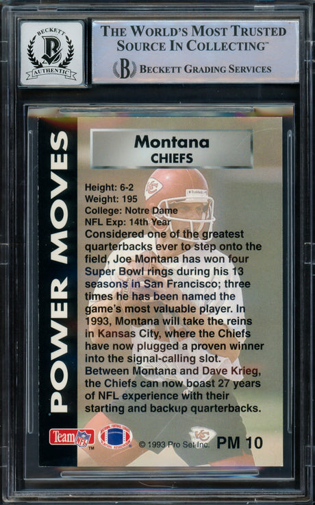 Joe Montana Autographed 1993 Pro Set Power Card #PM10 Kansas City Chiefs Auto Grade Gem Mint 10 Beckett BAS #16170747