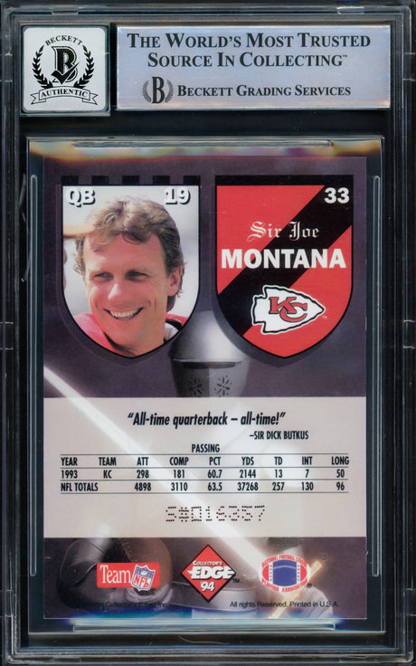 Joe Montana Autographed 1994 Collectors Edge Card #33 Kansas City Chiefs Auto Grade Gem Mint 10 Beckett BAS #16170767