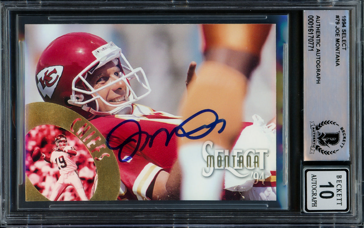 Joe Montana Autographed 1994 Select Card #79 Kansas City Chiefs Auto Grade Gem Mint 10 Beckett BAS #16170771