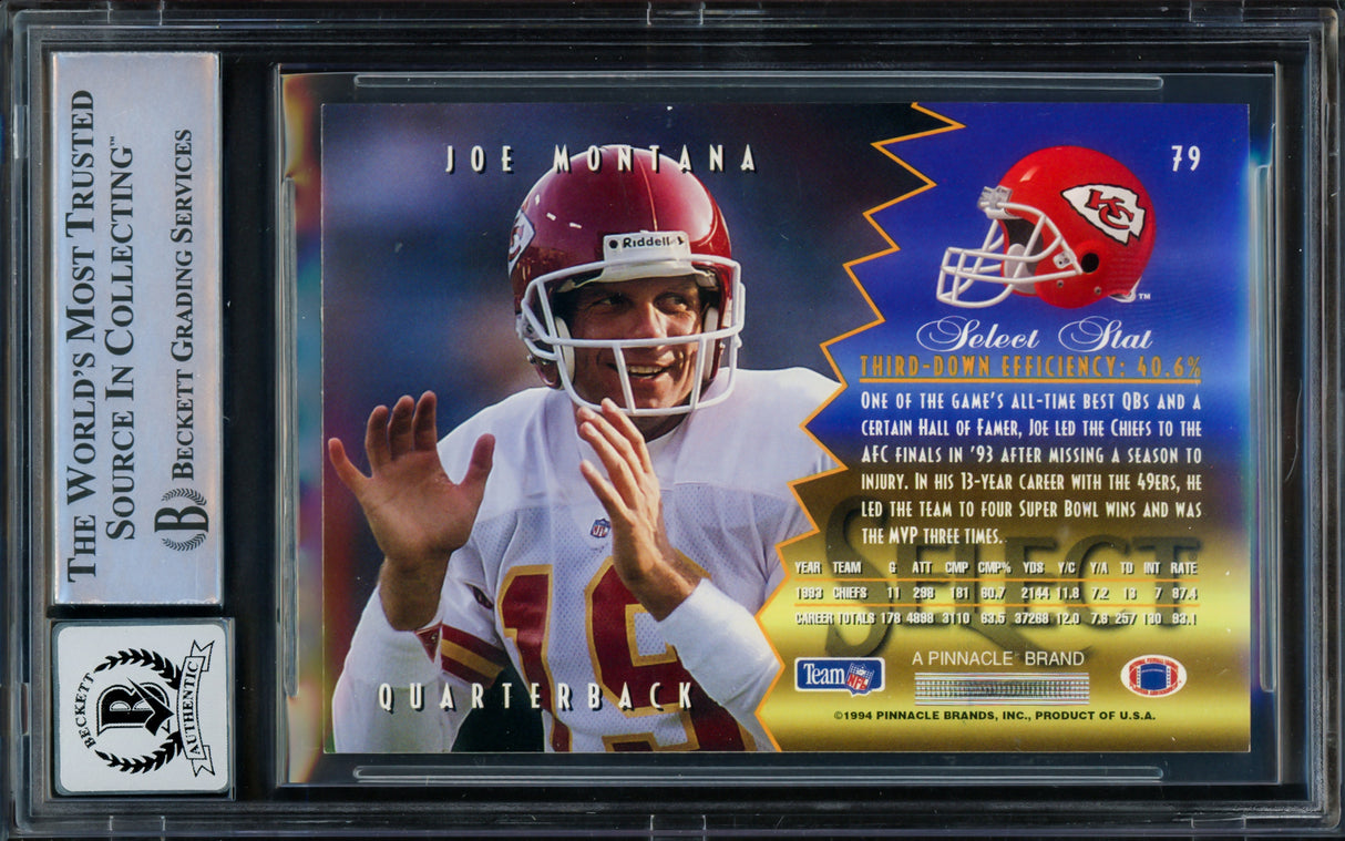 Joe Montana Autographed 1994 Select Card #79 Kansas City Chiefs Auto Grade Gem Mint 10 Beckett BAS #16170771