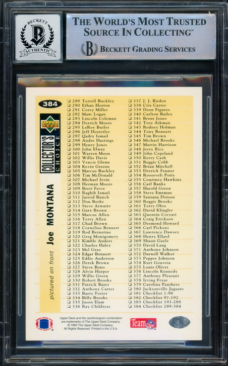 Joe Montana Autographed 1994 Upper Deck Collectors Choice Card #384 Kansas City Chiefs Auto Grade Gem Mint 10 Beckett BAS #16170773