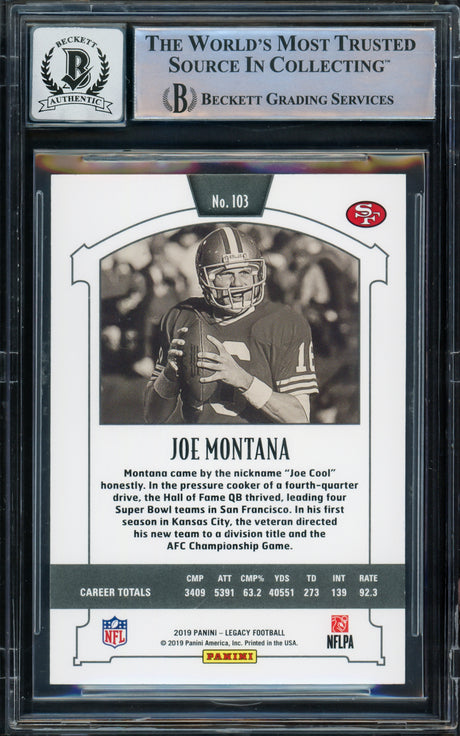 Joe Montana Autographed 2019 Panini Legacy Card #103 San Francisco 49ers Auto Grade Gem Mint 10 Beckett BAS #16171180