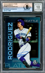 Julio Rodriguez Autographed 2020 Bowman Platinum Rookie Card #TOP94 Seattle Mariners Auto Grade Gem Mint 10 Beckett BAS #16171644