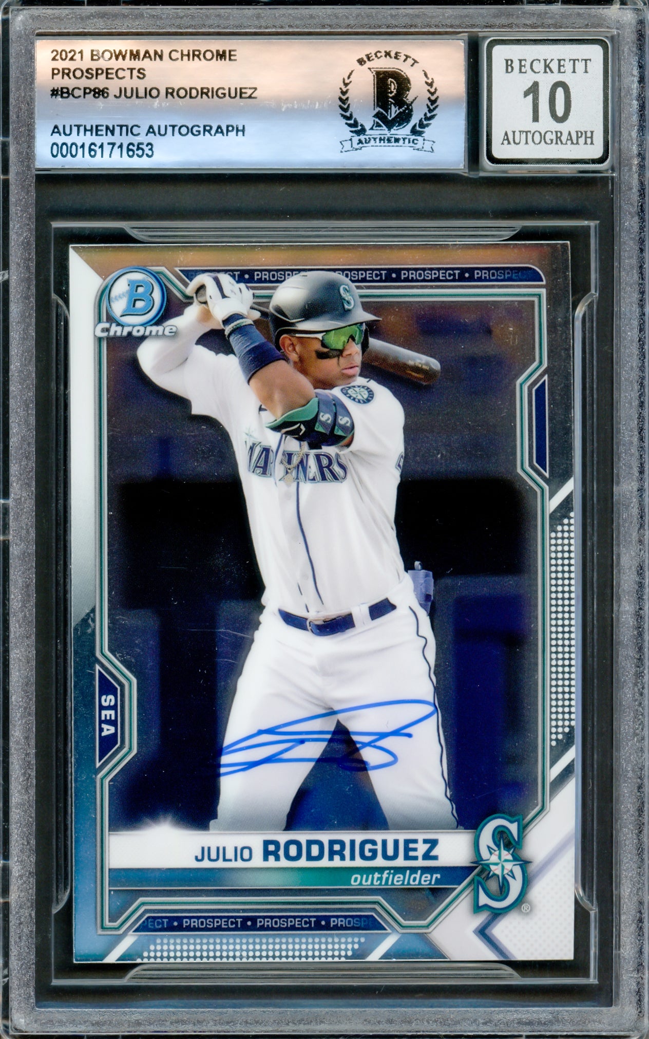 Julio Rodriguez Autographed 2021 Bowman Chrome Prospects Rookie Card #BCP86 Seattle Mariners Auto Grade Gem Mint 10 Beckett BAS #16171653