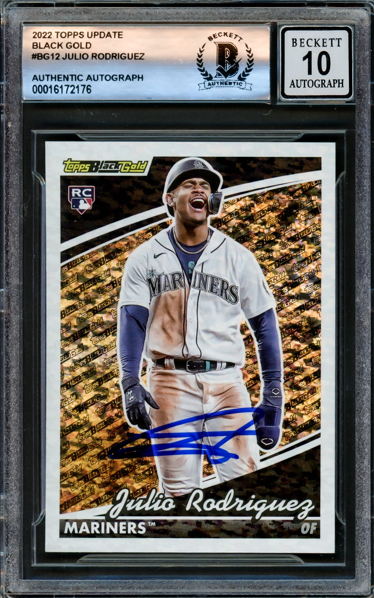 Julio Rodriguez Autographed 2022 Topps Update Black Gold Rookie Card #BG12 Seattle Mariners Auto Grade Gem Mint 10 Beckett BAS #16172176