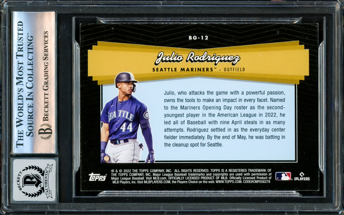 Julio Rodriguez Autographed 2022 Topps Update Black Gold Rookie Card #BG12 Seattle Mariners Auto Grade Gem Mint 10 Beckett BAS #16172173