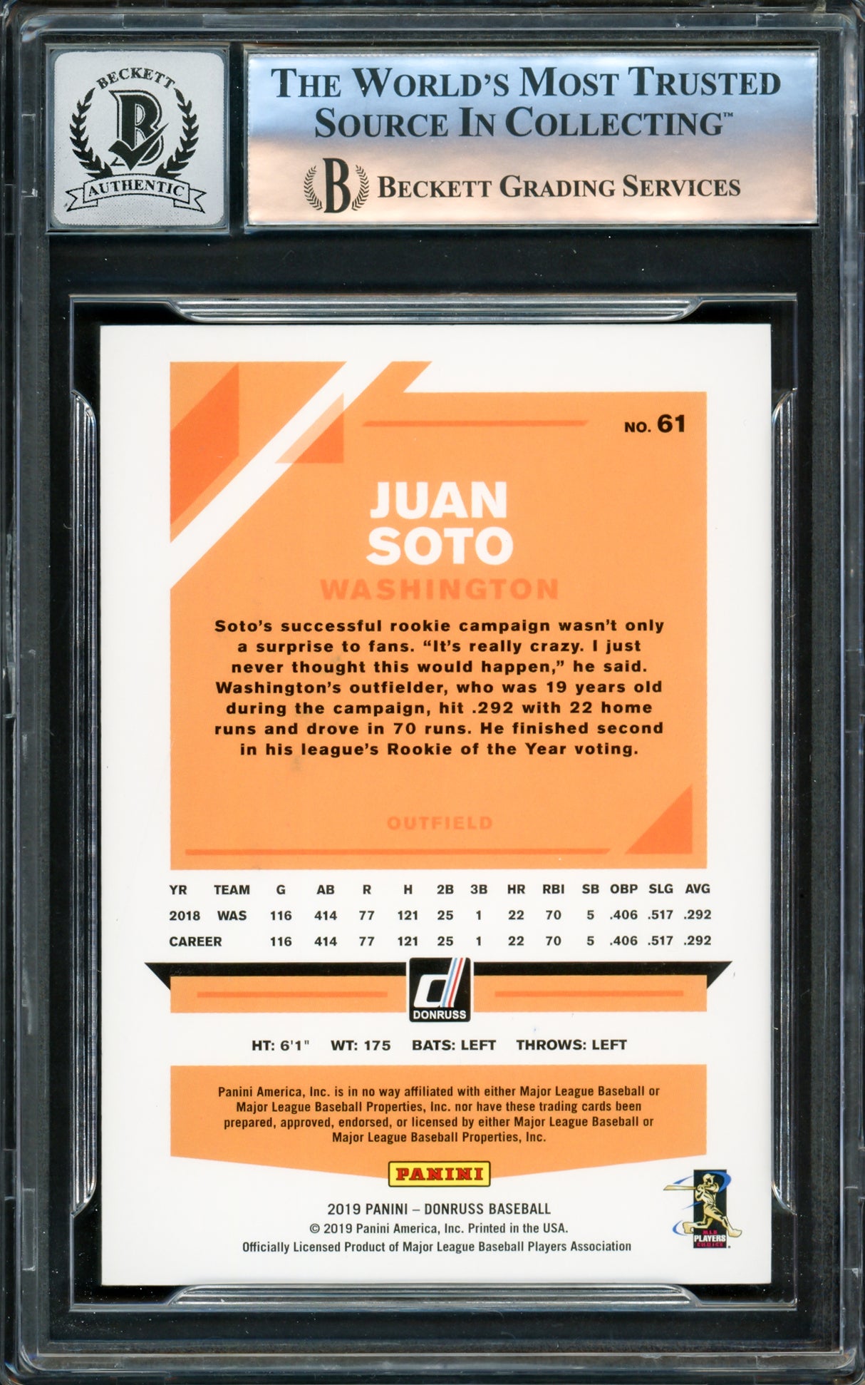Juan Soto Autographed 2019 Donruss Variations Card #61 New York Mets Auto Grade Gem Mint 10 Beckett BAS #16172673