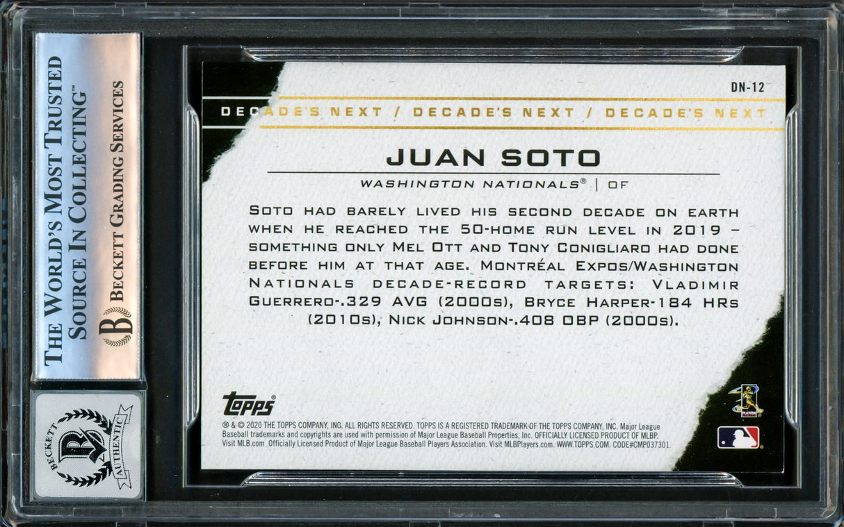 Juan Soto Autographed 2020 Topps Decade's Next Card #DN-12 New York Mets Auto Grade Gem Mint 10 Beckett BAS #16172676