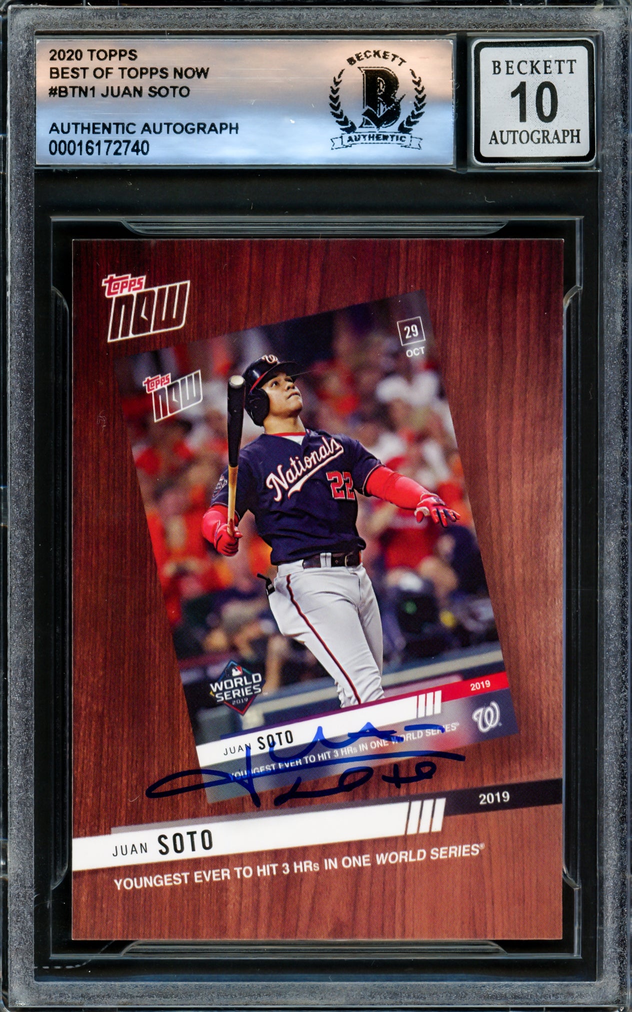 Juan Soto Autographed 2020 Topps Now Card #BTN-1 New York Yankees Auto Grade Gem Mint 10 Beckett BAS #16172740