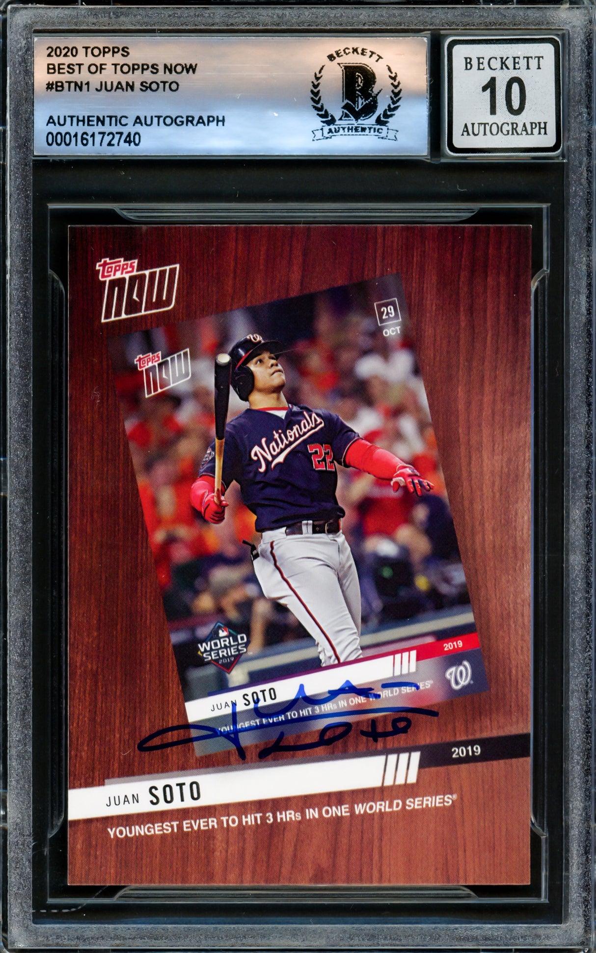 Juan Soto Autographed 2020 Topps Now Card #BTN-1 New York Mets Auto Grade Gem Mint 10 Beckett BAS #16172740
