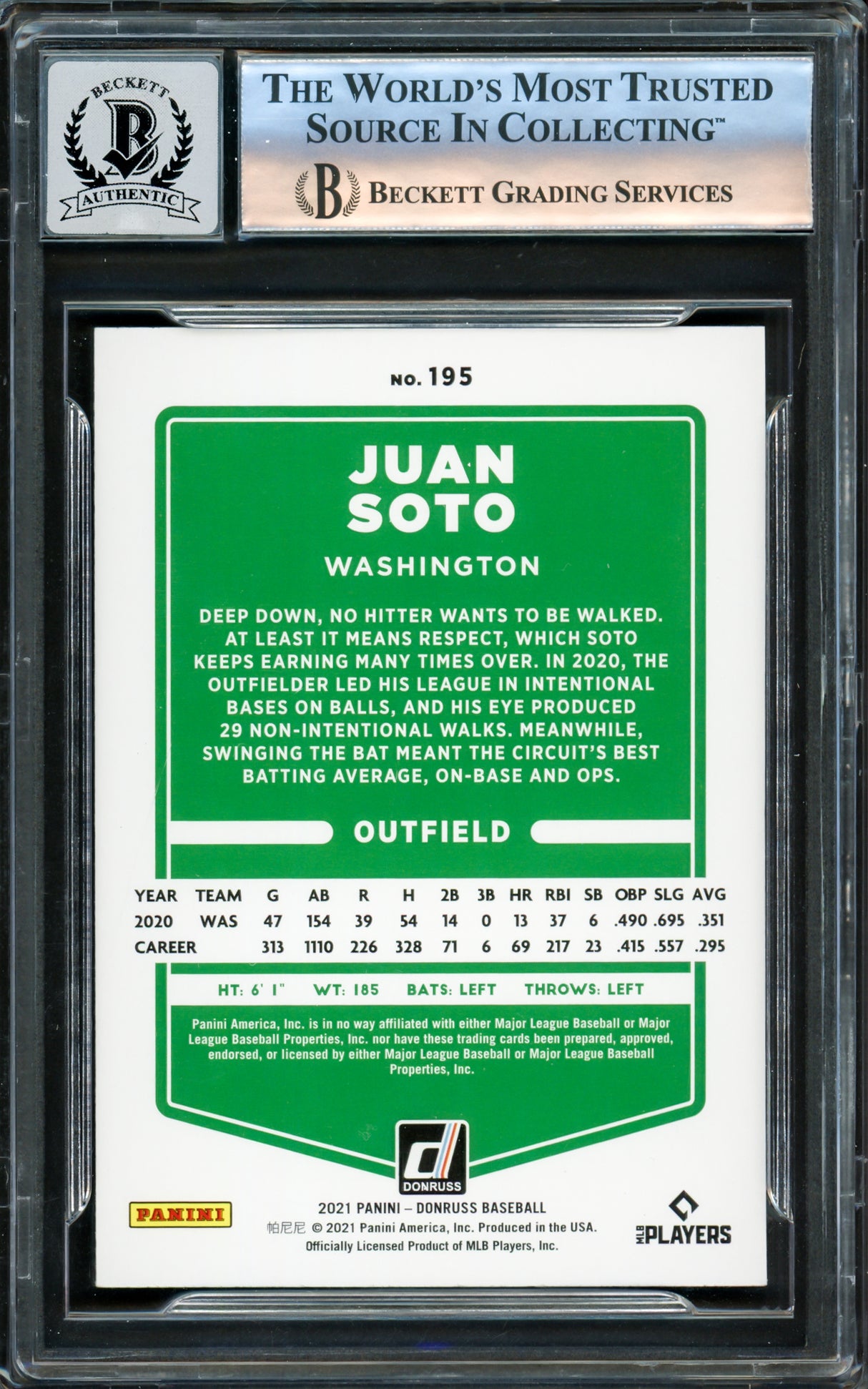 Juan Soto Autographed 2021 Donruss Card #195 New York Mets Auto Grade Gem Mint 10 Beckett BAS #16172742