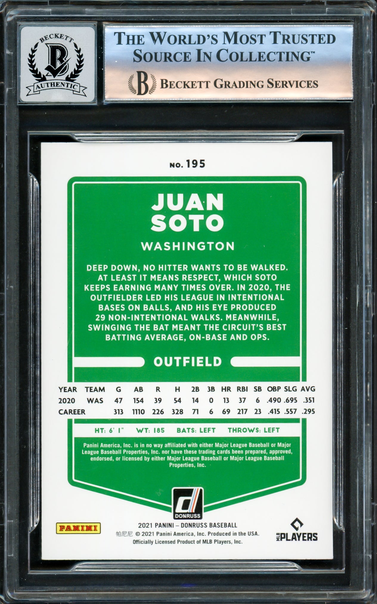 Juan Soto Autographed 2021 Donruss Card #195 New York Yankees Auto Grade Gem Mint 10 Beckett BAS #16172742