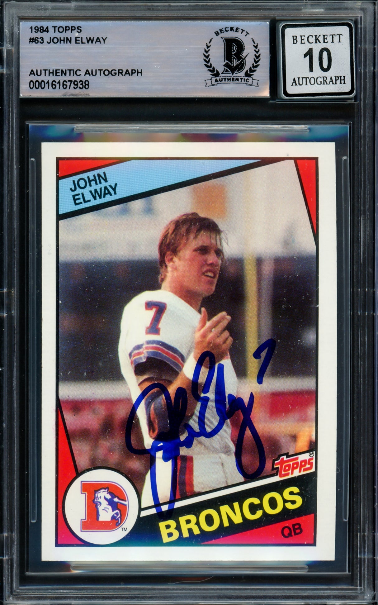 John Elway Autographed 1984 Topps Rookie Card #63 Denver Broncos Auto Grade Gem Mint 10 Beckett BAS #16167938